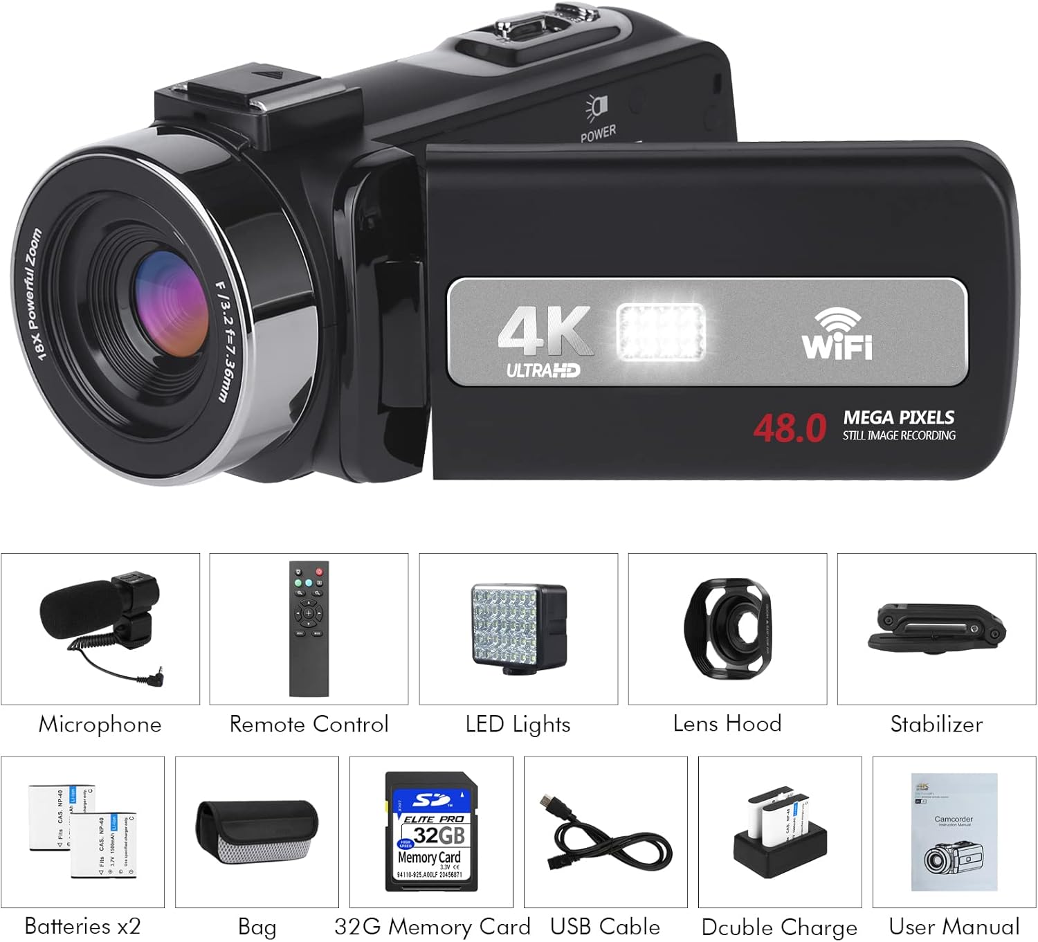 4K 60FPS Autofocus Digital Camera with WiFi, 32GB SD Card, 2 Batteries J349025