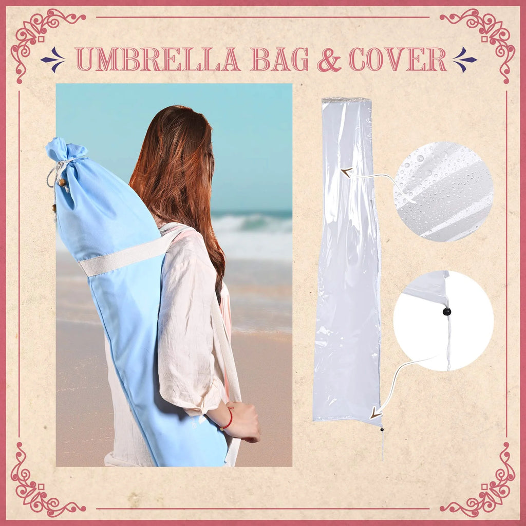6Ft Fringe Patio Umbrella with Tassels & Carry Bag Wood Blue T40712