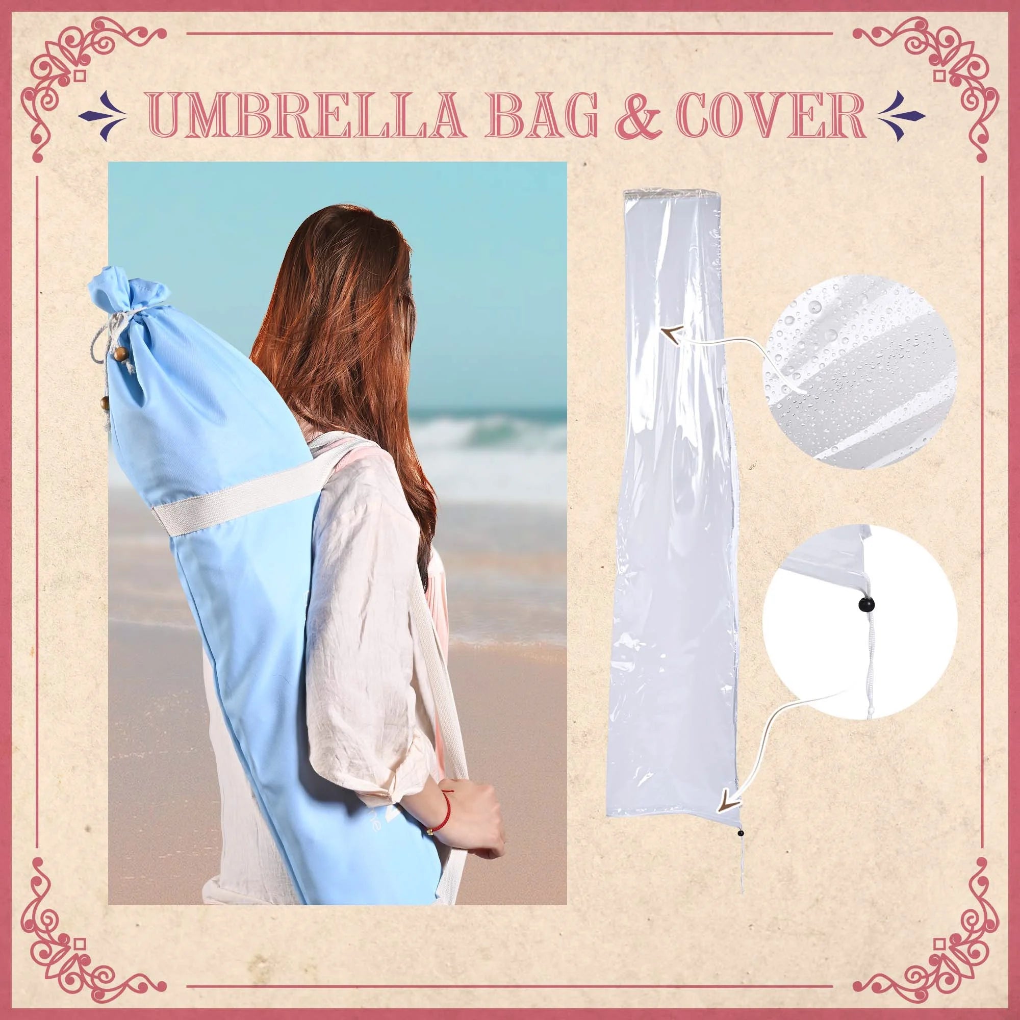 6Ft Fringe Patio Umbrella with Tassels & Carry Bag Wood Blue T40712