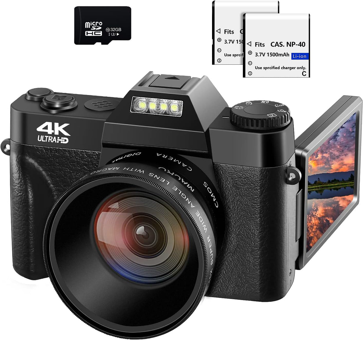 48MP 16X Digital Zoom Flip Screen Autofocus Camcorder with Wide-Angle Lens, Macro Lens, 32G Micro Card, 2 Batteries (Gray) J1729