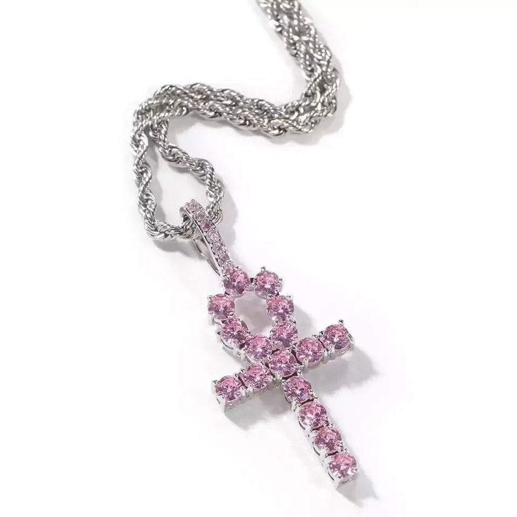 14K Gold Over Finish Simulated Diamond Pink Egyptian Ankh Cross Charm Pendant Necklace X641