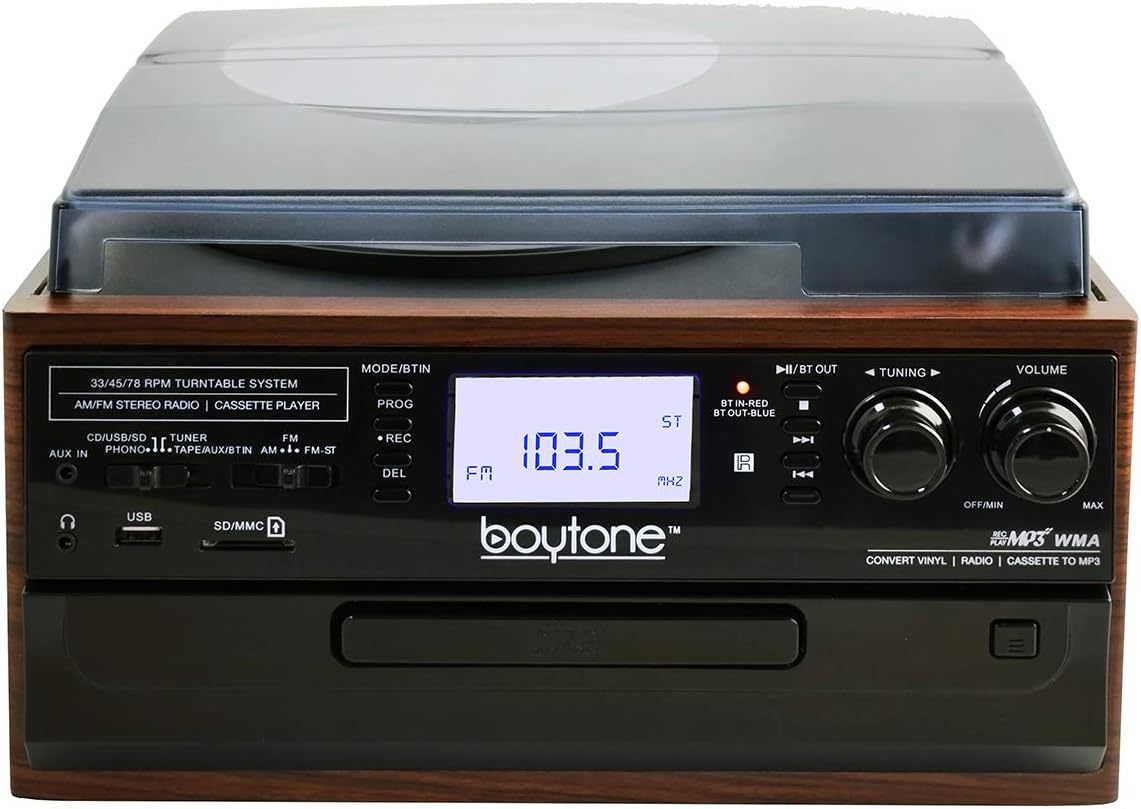 Bluetooth Record Player Turntable with AM/FM Radio, Cassette, CD Player, 2 Built in Speaker, SD Slot, USB, AUX V827024