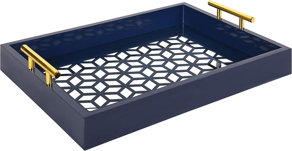 White and Gold Rectangle Decorative Tray with Metal Handles D702549