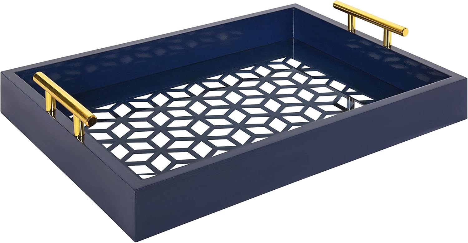 White and Gold Rectangle Decorative Tray with Metal Handles D702549