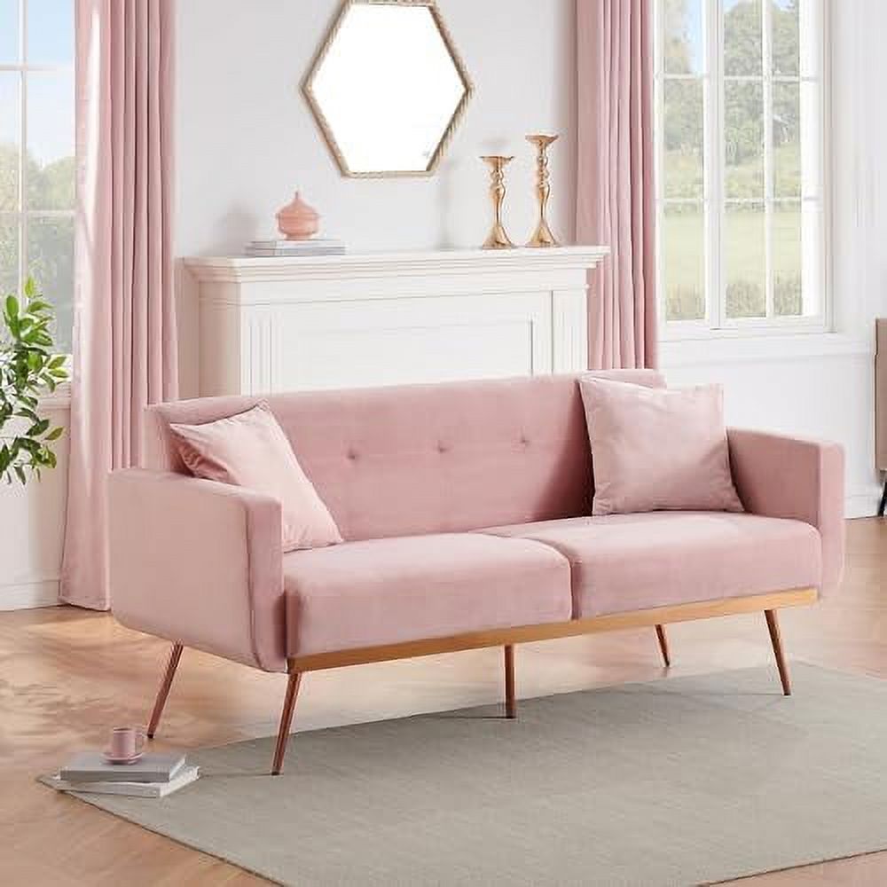 Pink Velvet Fabric Sofa Bed Futon with 2 Pillows 70.3 inch Loveseat Sofa V63032