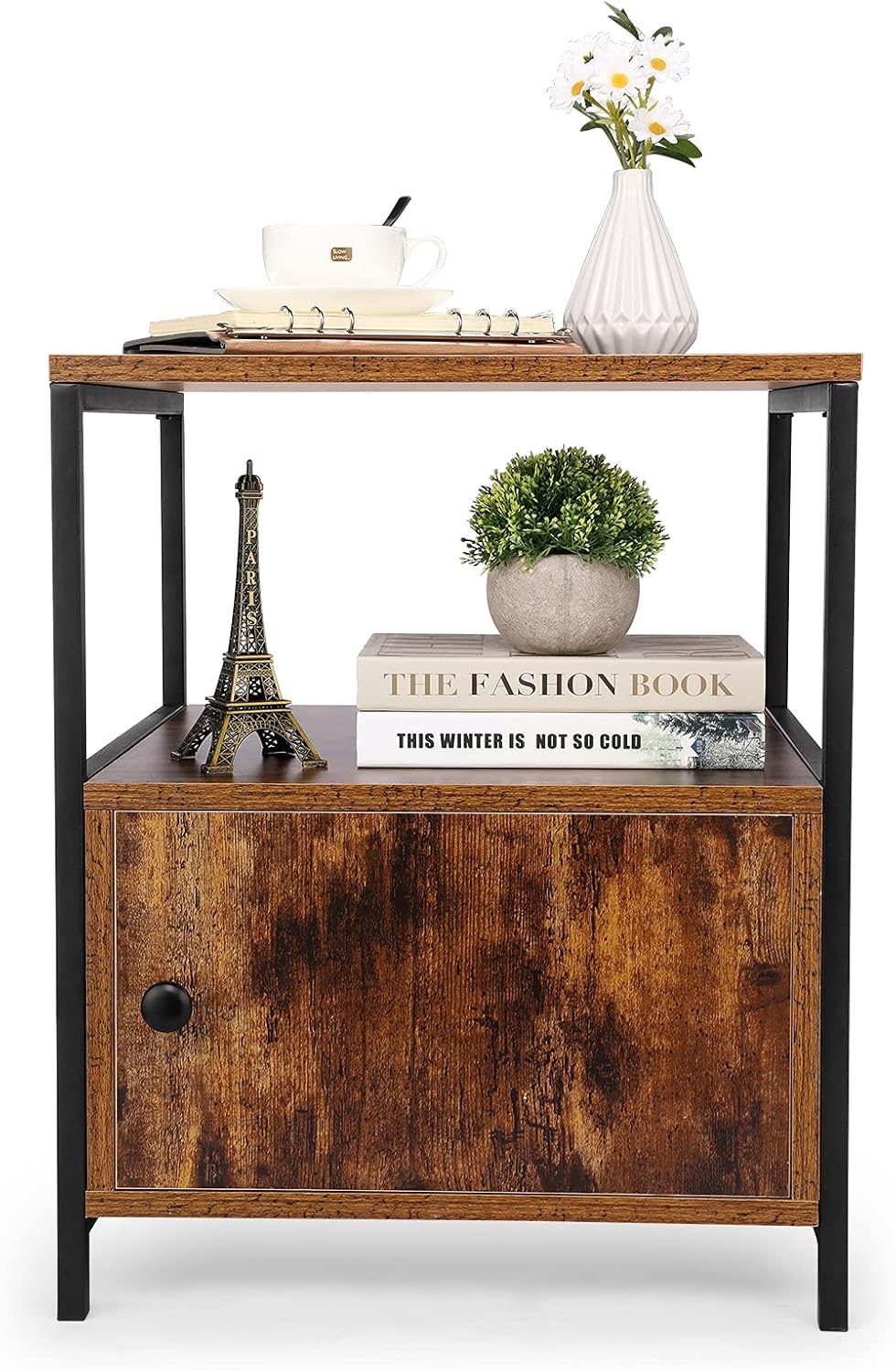 Rustic Brown 3-Tier Nightstand with Steel Frame and Cabinet Door R588044
