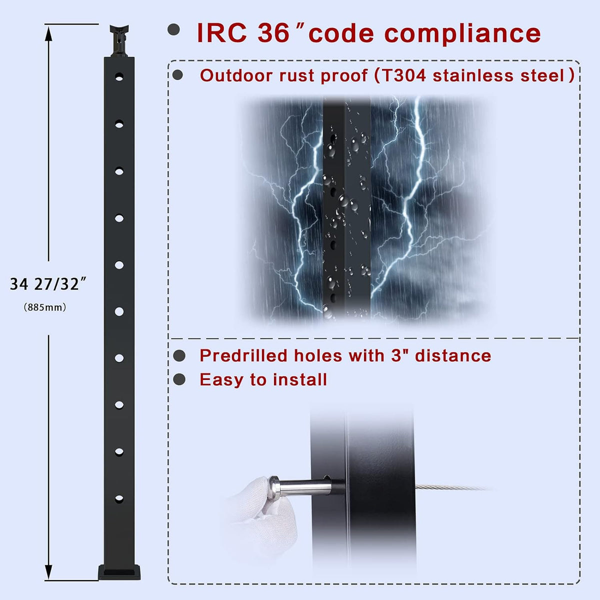 2Pack 36x2x2 304 Stainless Steel Black Pre-drilled Surface Mount Post Q970