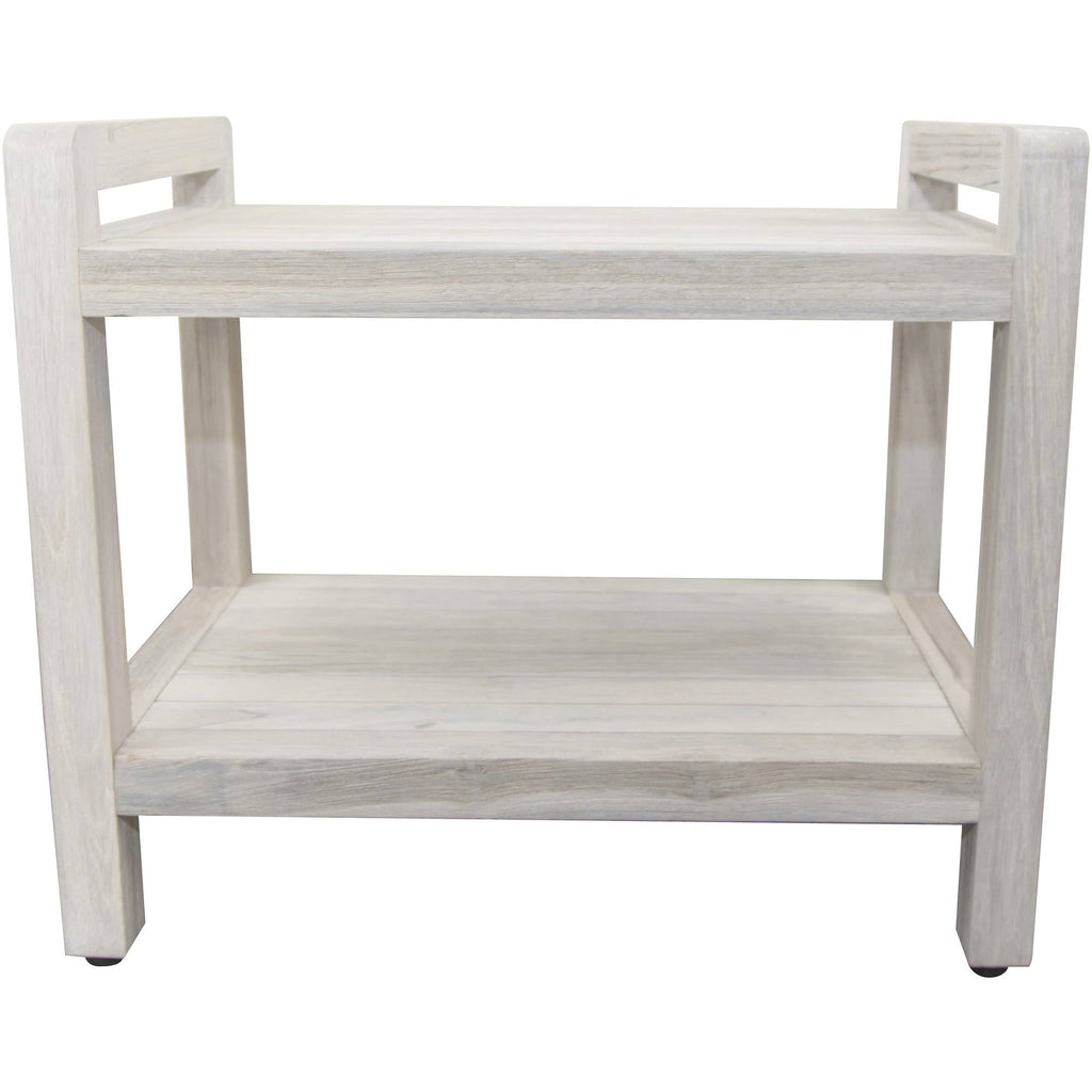 White Finish Teak Shower Bench with Shelf and Handles E86862