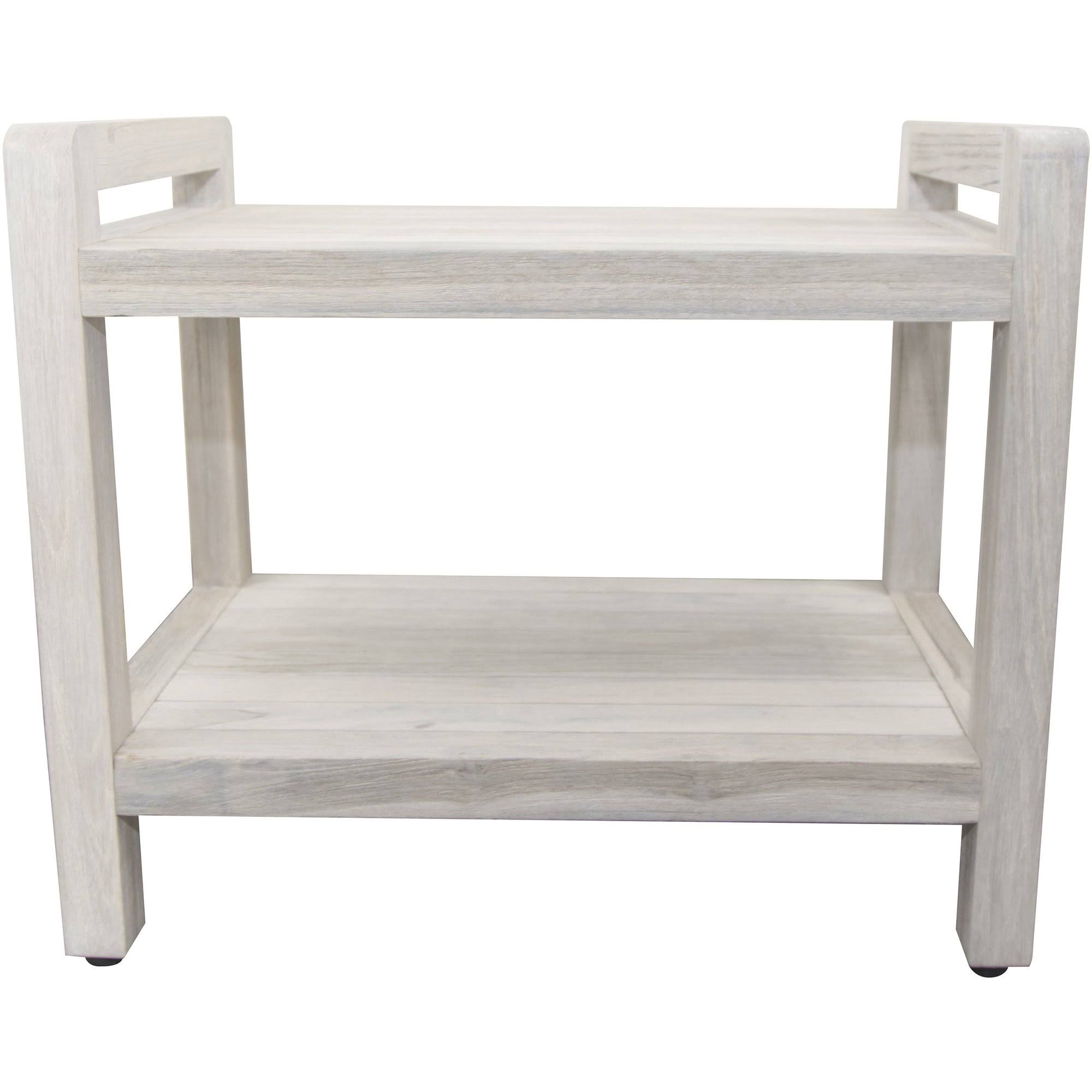 White Finish Teak Shower Bench with Shelf and Handles E86862