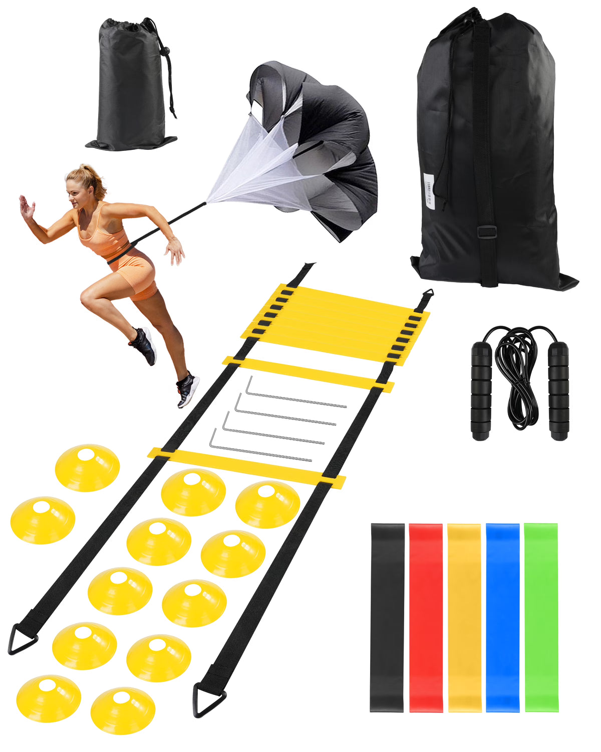 Agility Training Equipment Set with 20ft Ladder, Cones, Parachute, Bands, Jump Rope Q721