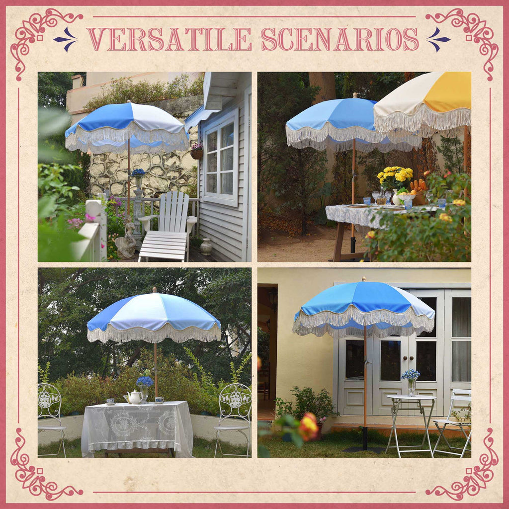 6Ft Fringe Patio Umbrella with Tassels & Carry Bag Wood Blue T40712