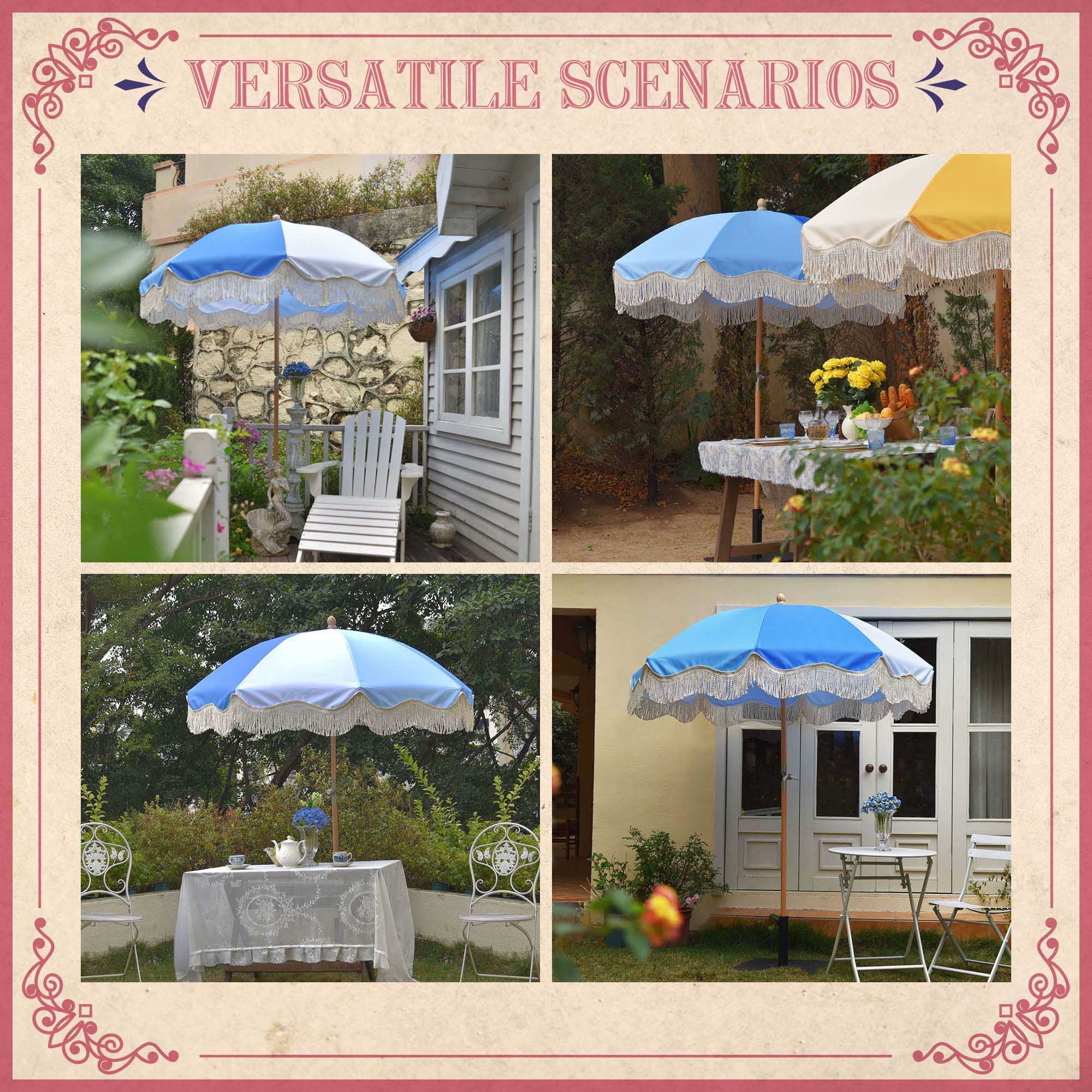6Ft Fringe Patio Umbrella with Tassels & Carry Bag Wood Blue T40712