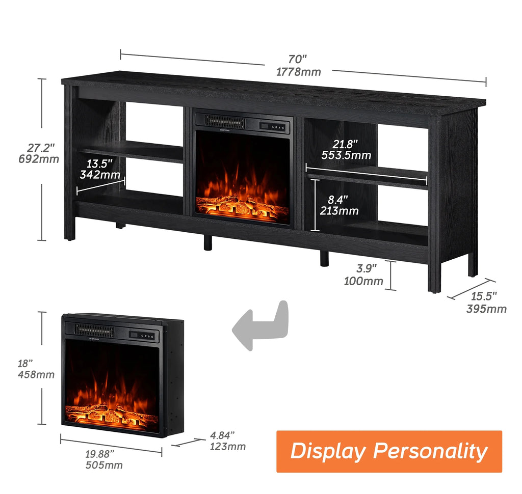Black 70 inch Wood Fireplace TV Stand with 4 Storages P6889