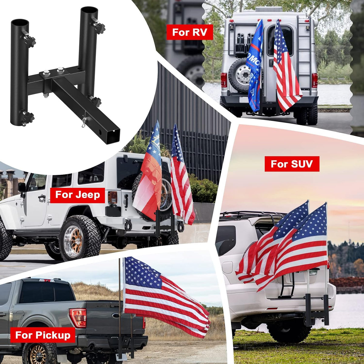 Dual Car Flag Hitch Mount Holder 2 Hitch Receivers All Metal Heavy Duty P240