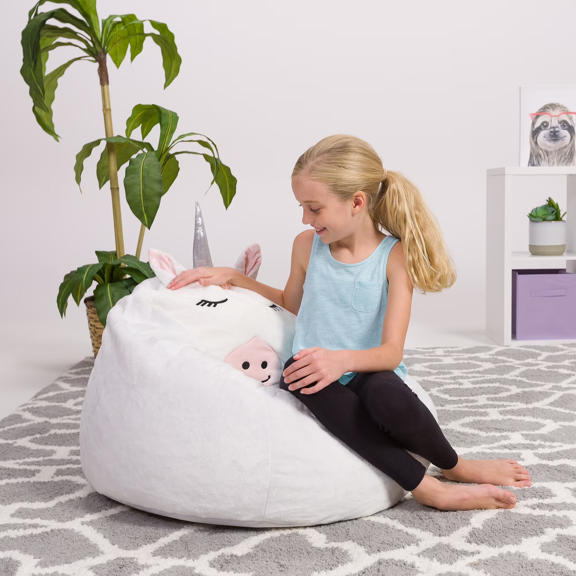 White Unicorn Furry Bean Bag Chair S4259