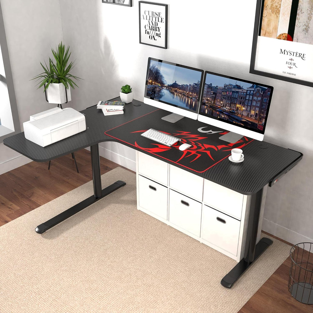 Black L Shaped 60 Inch Gaming Desk with Mouse Pad and Cable Management H299