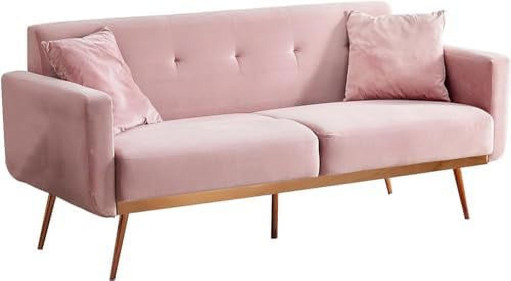 Pink Velvet Fabric Sofa Bed Futon with 2 Pillows 70.3 inch Loveseat Sofa V63032