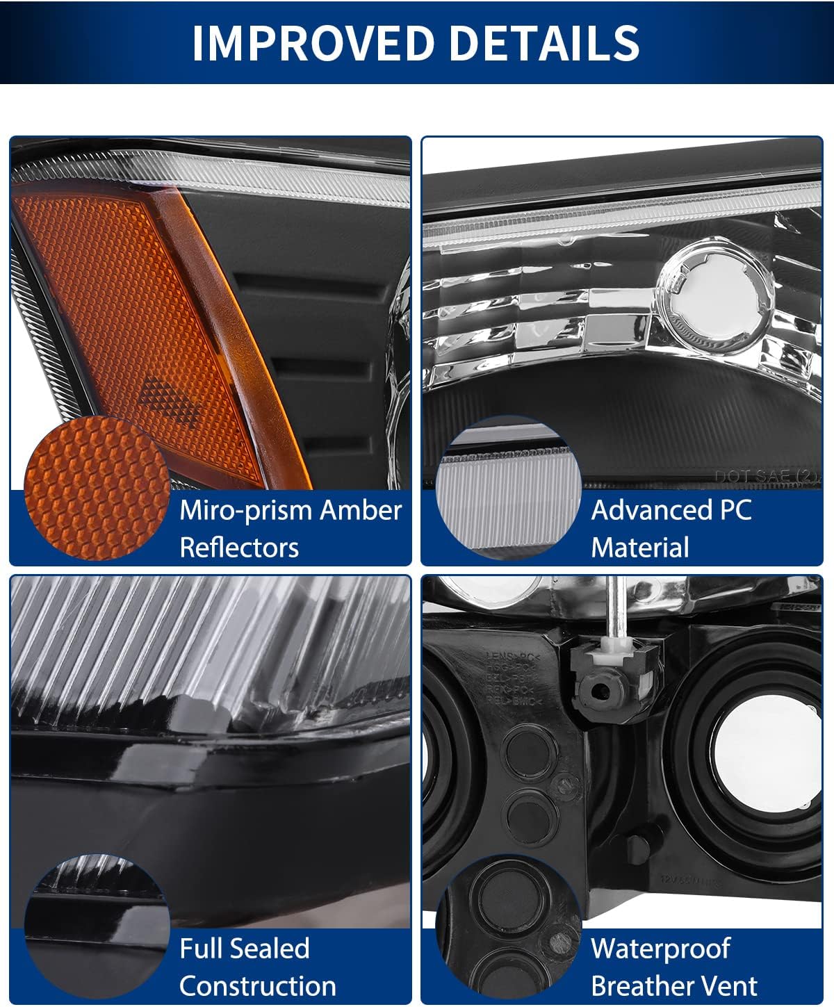 Black Housing Clear Lens Amber Reflector Headlights Assembly H750911