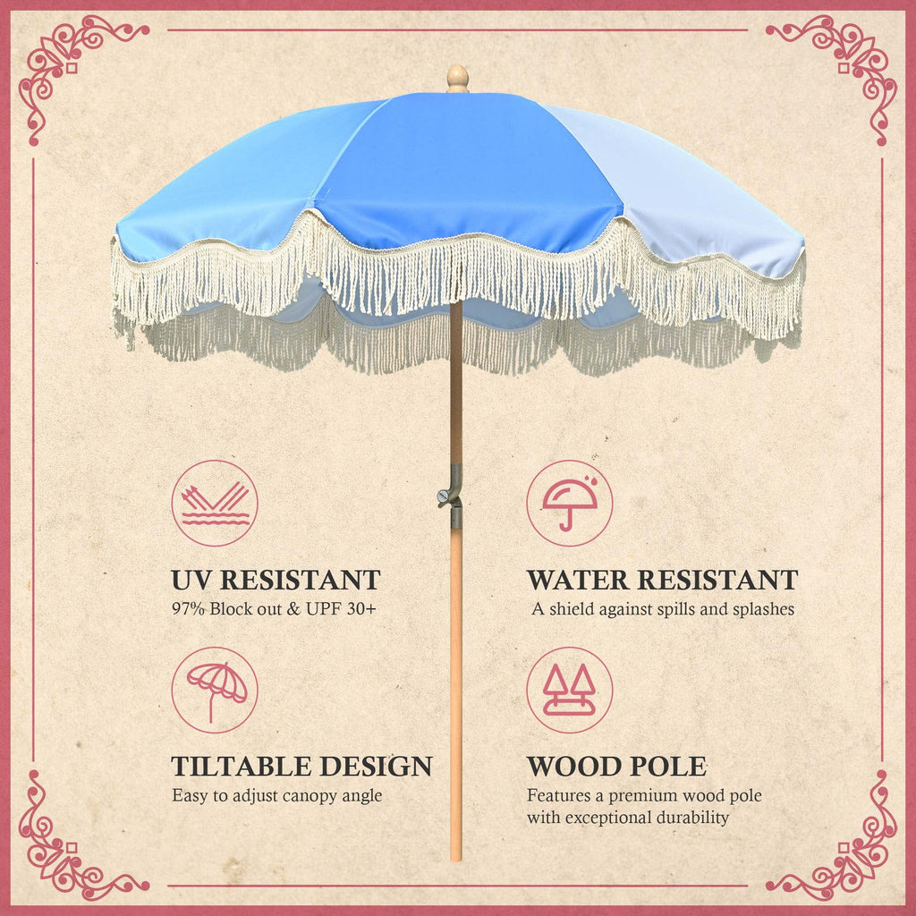 6Ft Fringe Patio Umbrella with Tassels & Carry Bag Wood Blue T40712