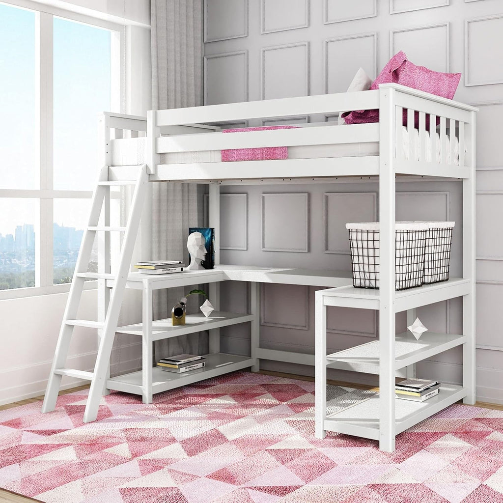 Twin High Loft Bed with Bookcase and Desk, White A196268
