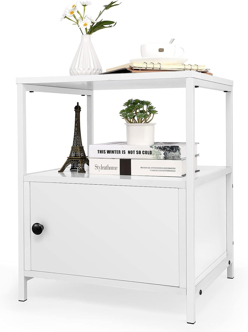 Rustic Brown 3-Tier Nightstand with Steel Frame and Cabinet Door R588044