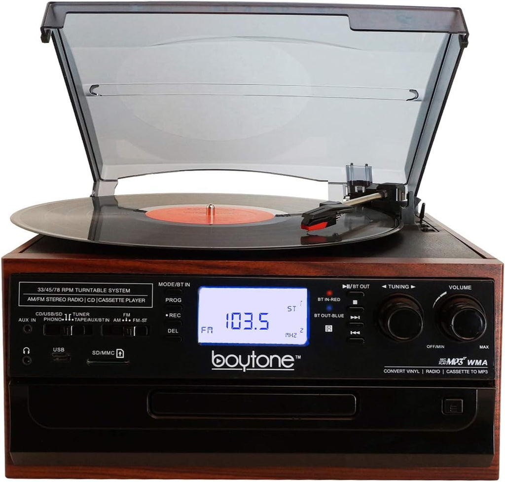 Bluetooth Record Player Turntable with AM/FM Radio, Cassette, CD Player, 2 Built in Speaker, SD Slot, USB, AUX V827024
