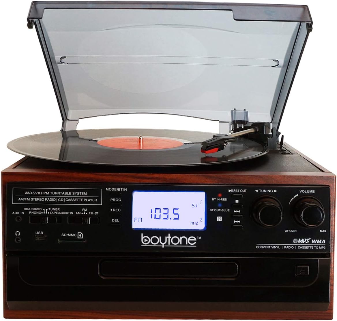 Bluetooth Record Player Turntable with AM/FM Radio, Cassette, CD Player, 2 Built in Speaker, SD Slot, USB, AUX V827024