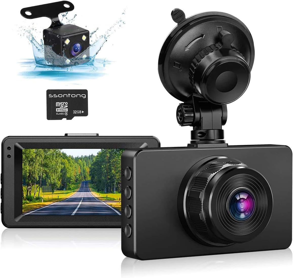 Dash Cam Front and Rear 1080P Full HD Dual Dash Cam 3 IPS Screen Night Vision 170° Wide Angle Motion Detection G-Sensor with SD Card W215174