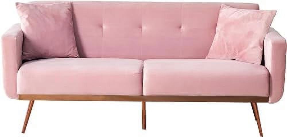 Pink Velvet Fabric Sofa Bed Futon with 2 Pillows 70.3 inch Loveseat Sofa V63032