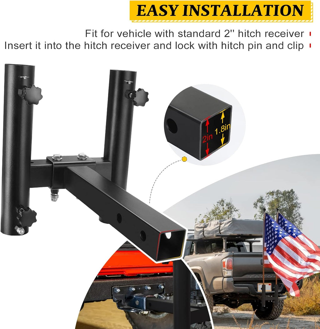 Dual Car Flag Hitch Mount Holder 2 Hitch Receivers All Metal Heavy Duty P240