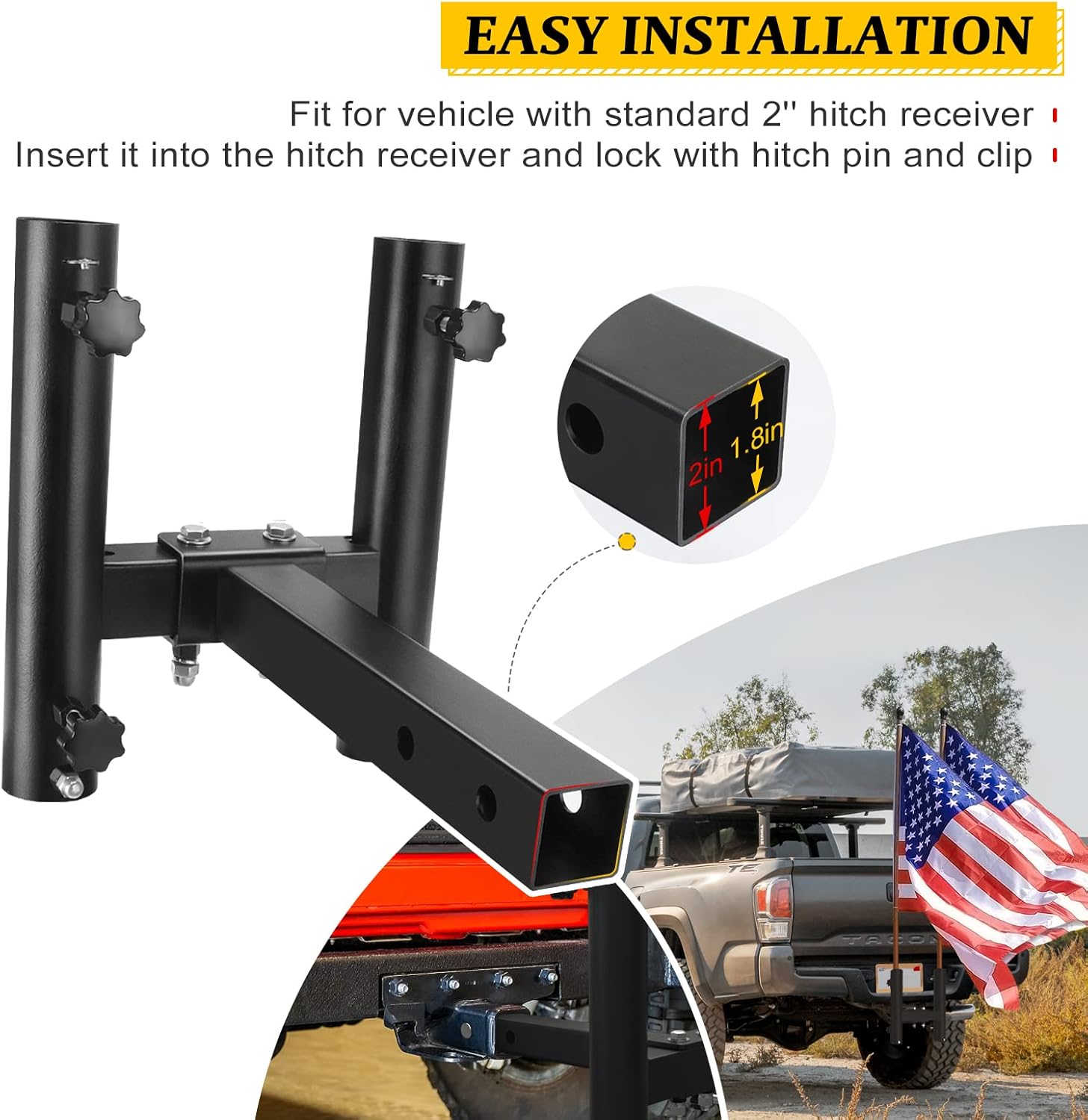 Dual Car Flag Hitch Mount Holder 2 Hitch Receivers All Metal Heavy Duty P240