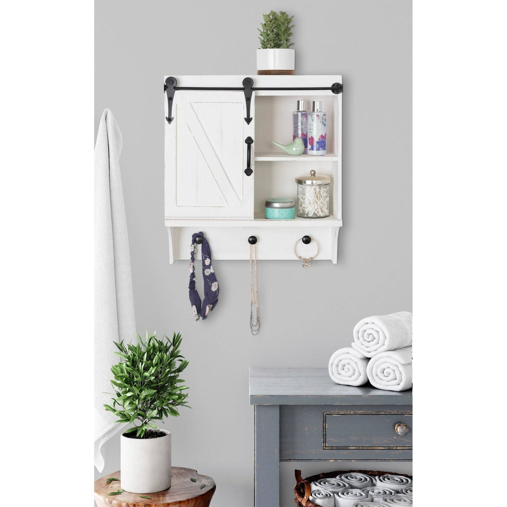 White Decorative Farmhouse Cabinet Wall Organizer with Sliding Barn Door and 3 Knobs W14358