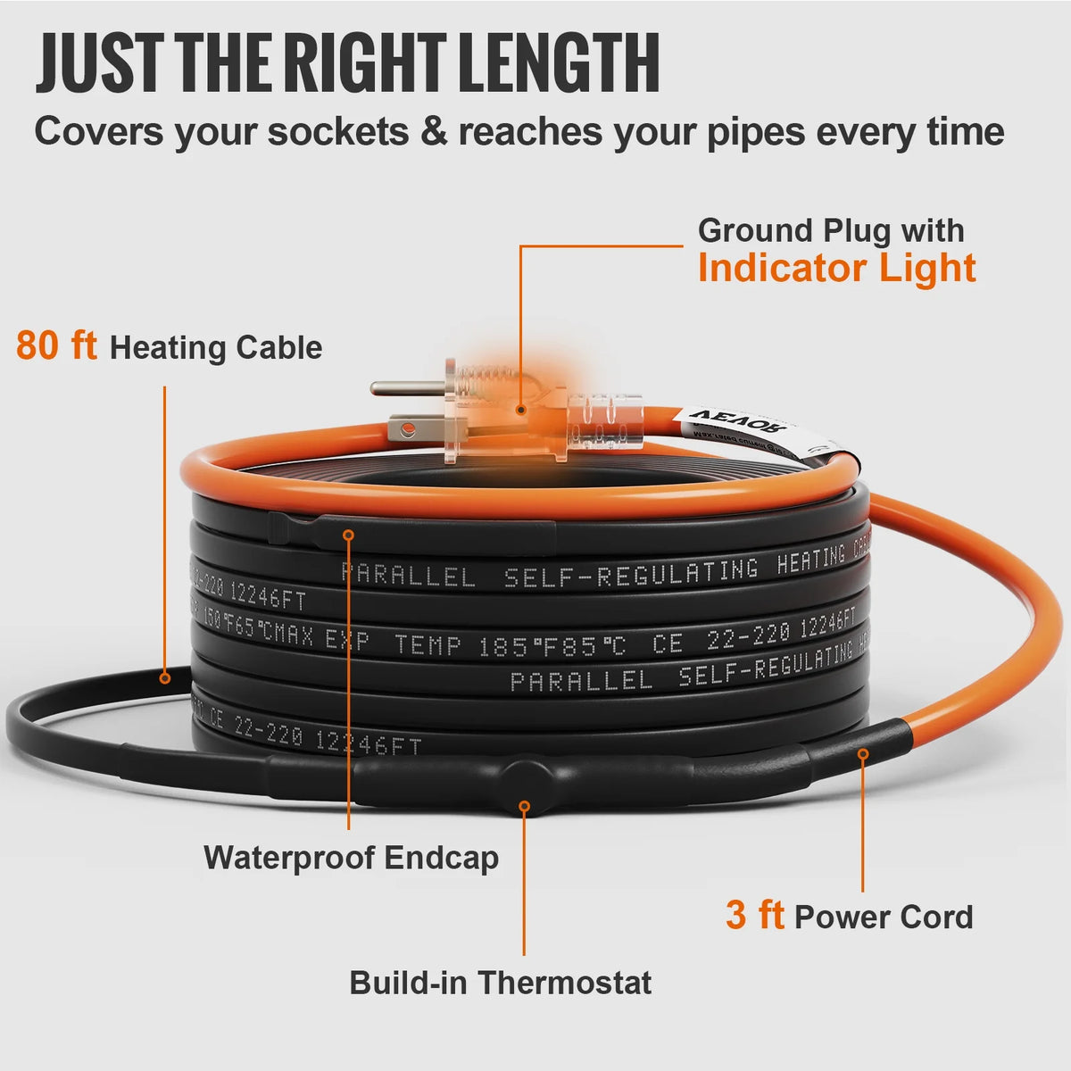 Self-Regulating Pipe Heating Cable, 80-feet 5W/ft, 120V G286235