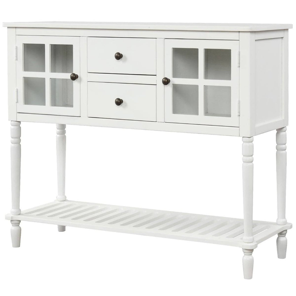 White Farmhouse Console Table with Glass Cabinet and Bottom Shelf F8038