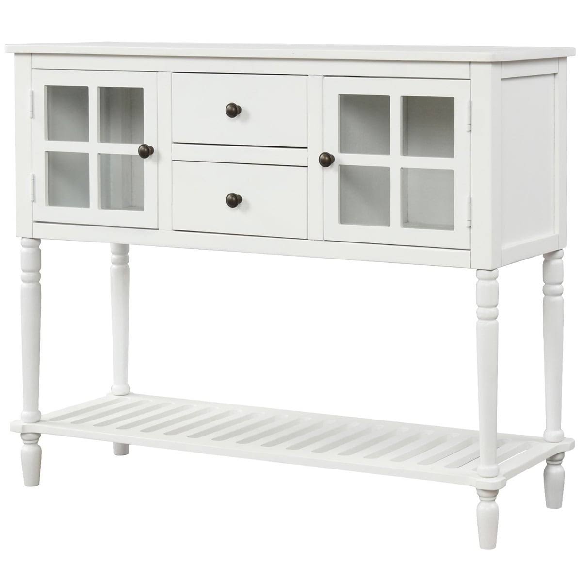 White Farmhouse Console Table with Glass Cabinet and Bottom Shelf F8038