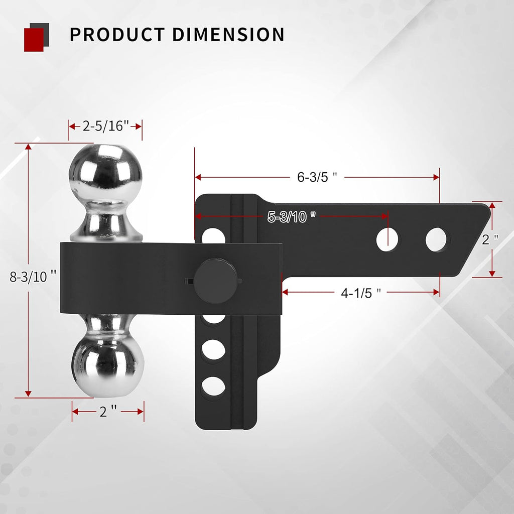 Adjustable Trailer Hitch Ball Mount, 2-Inch Receiver, 4-Inch Drop, Forged Aluminum Shank, 2-Inch and 2-5/16-Inch Combo Stainless Steel Tow Balls, Black S212