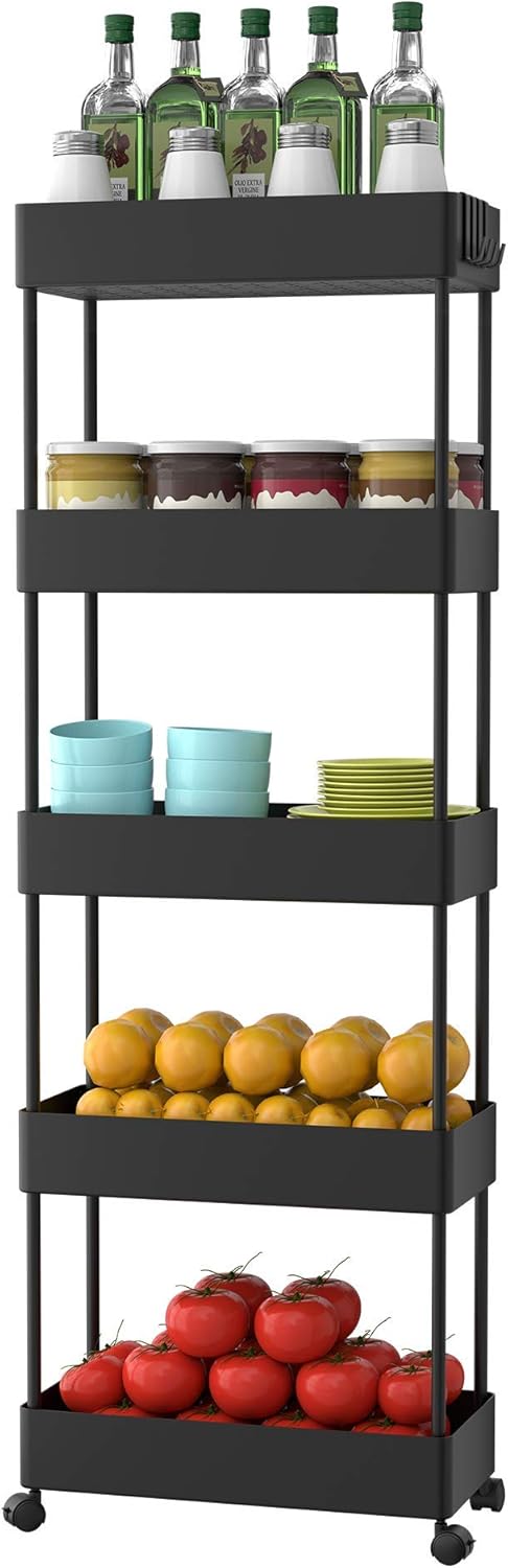 Black 5 Tier Slim Rolling Utility Cart C671