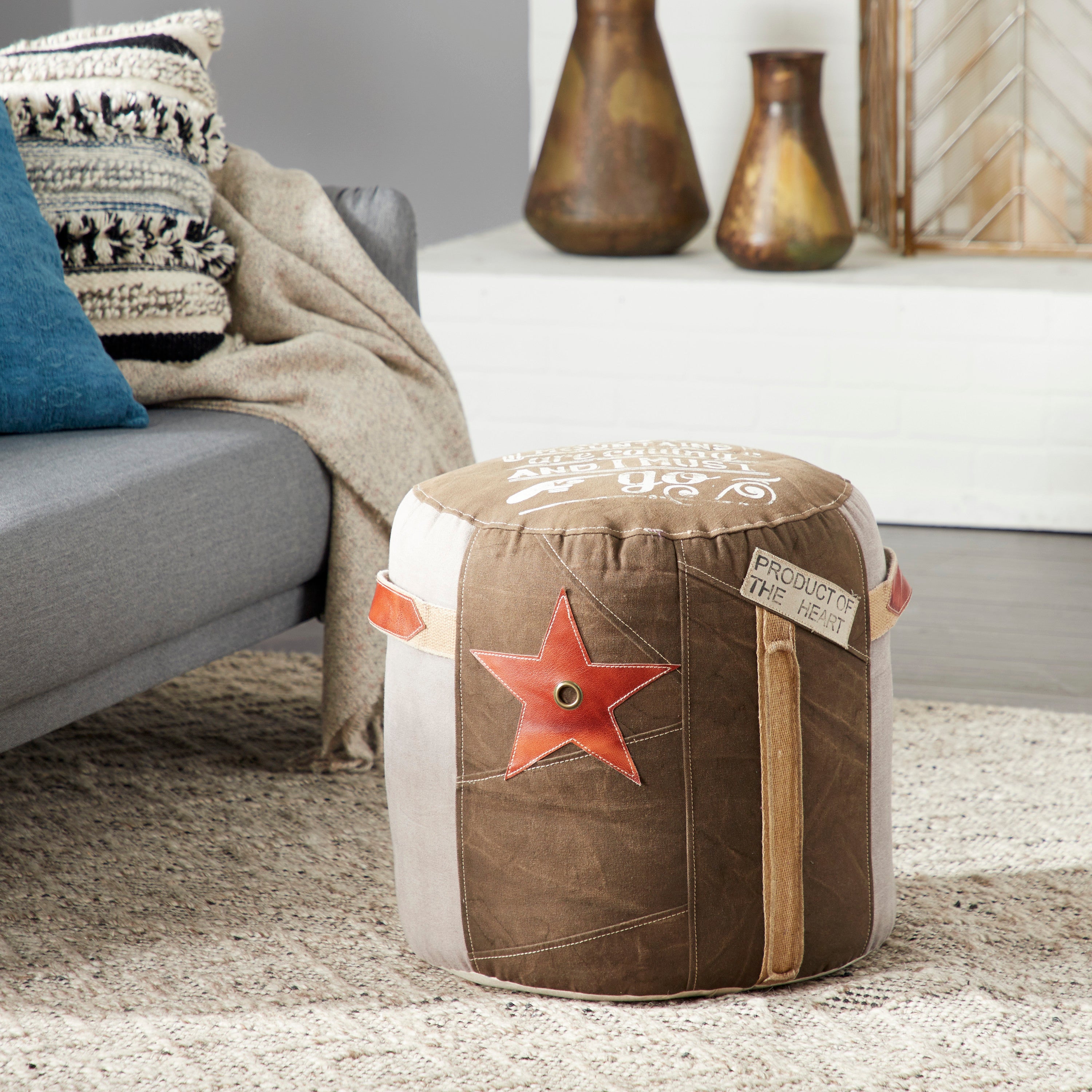 Brown Canvas Pouf with Leather Accents O3902