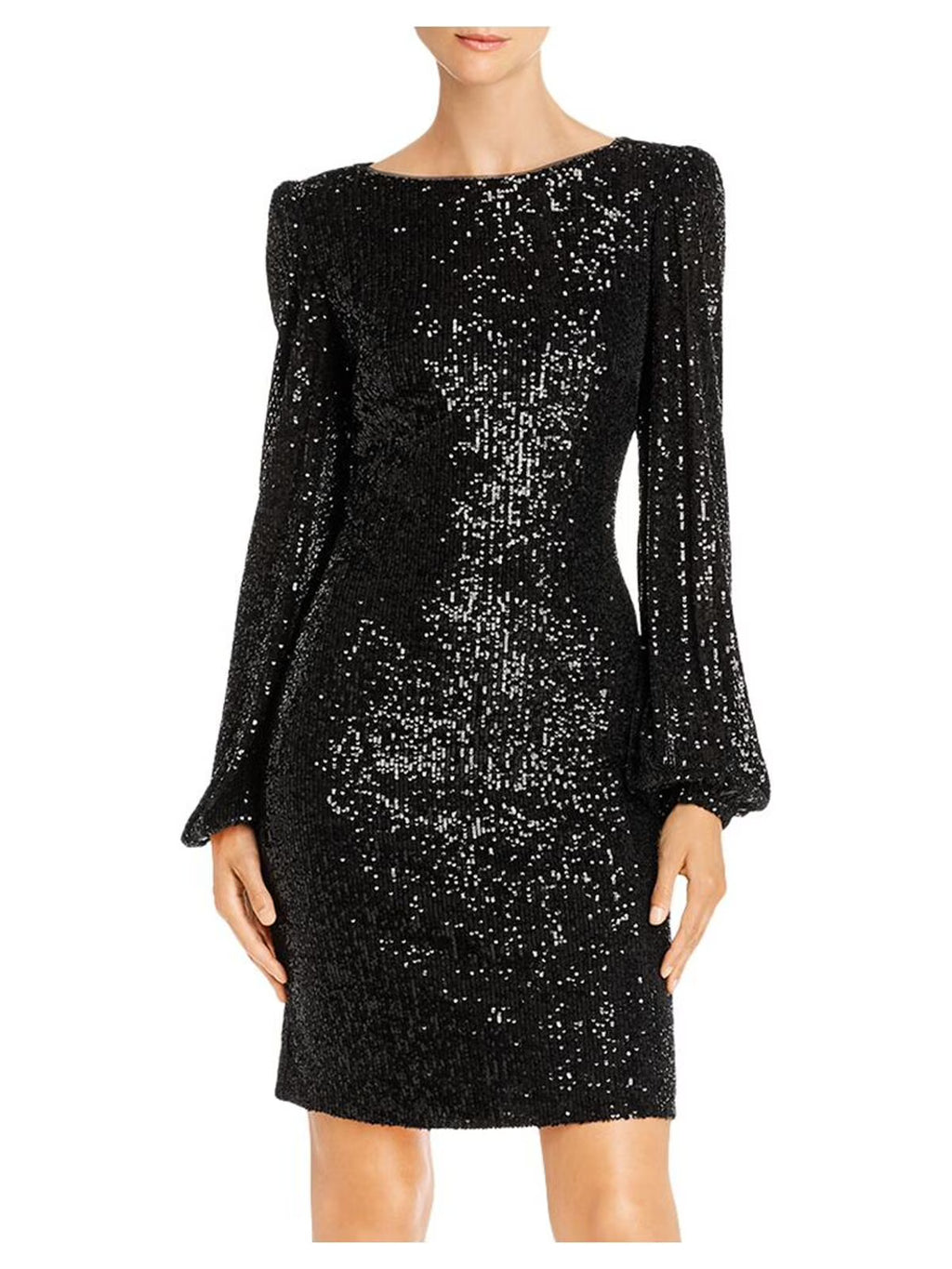 Black Cut Out Sequined Long Sleeve Jewel Neck Short Cocktail Sheath Dress V583830