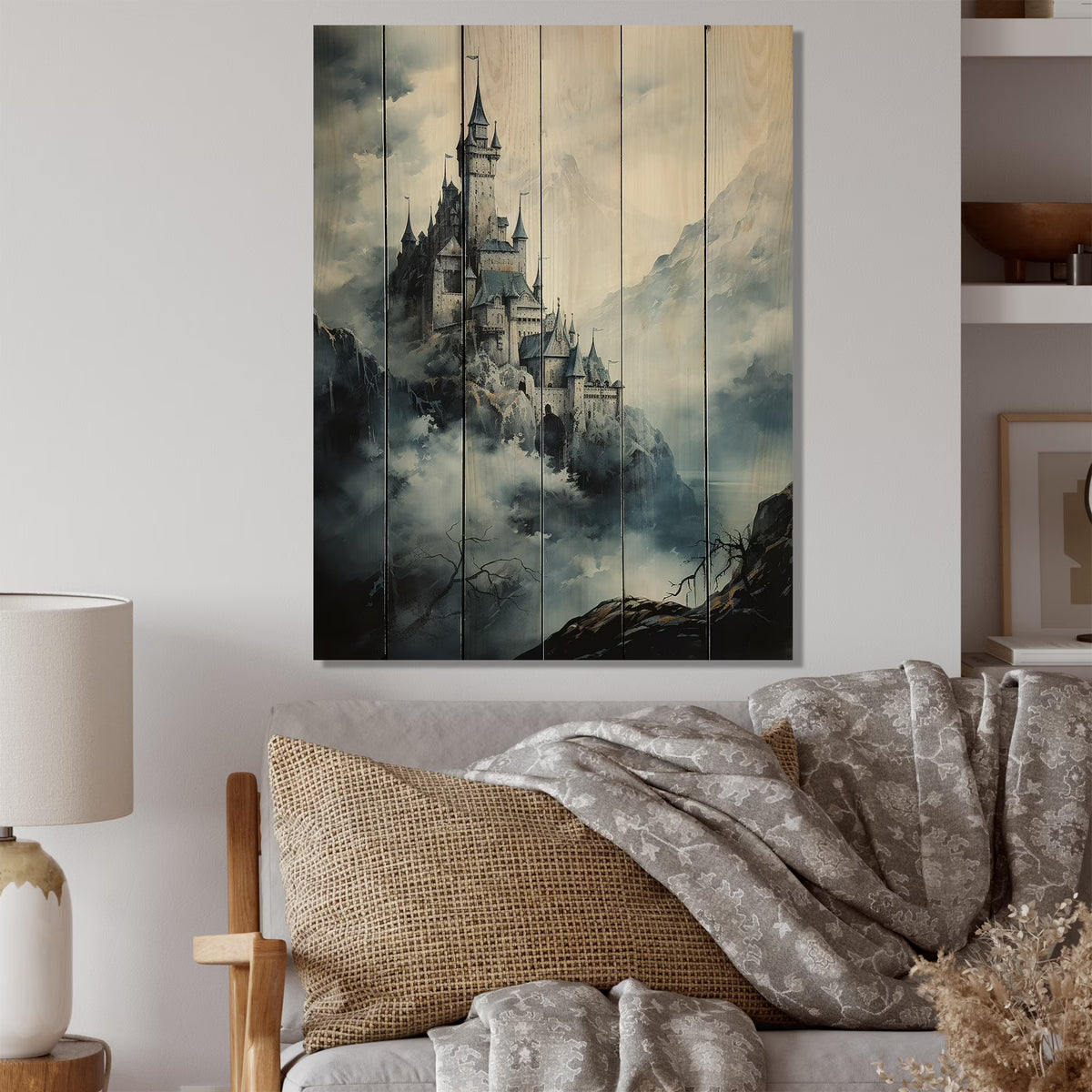 Mountain Fortress Castles Misty Painting II Print on Natural Pine Wood J967