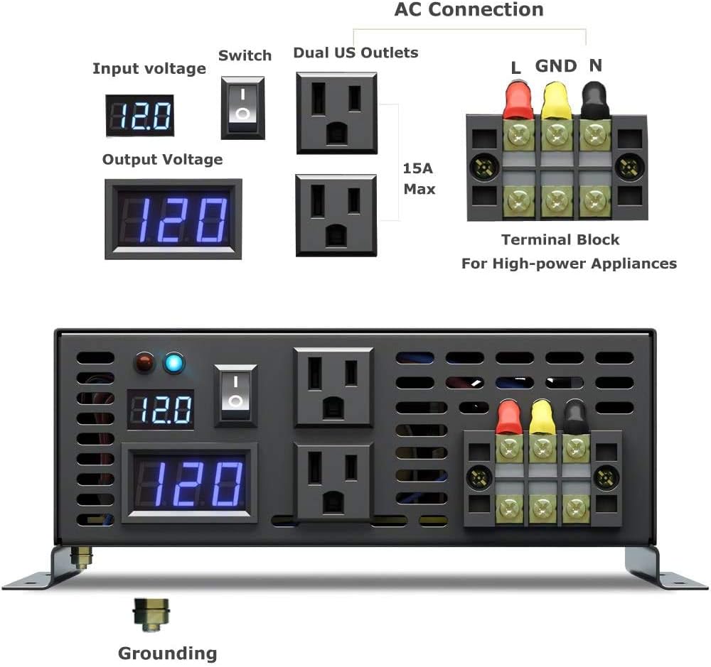 2000W 12V 120V Pure Sine Wave Power Inverter with 2 AC Outlets B60704