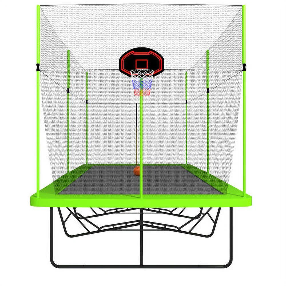 10ft by 17ft Rectangular Trampoline with Green Fabric Black Powder-coated Galvanized Steel Tubes with Basketball Hoop System C8853