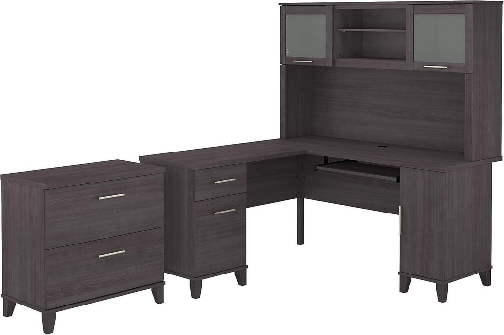 Ash Gray L Shaped Desk with Hutch and Lateral File Cabinet S8607