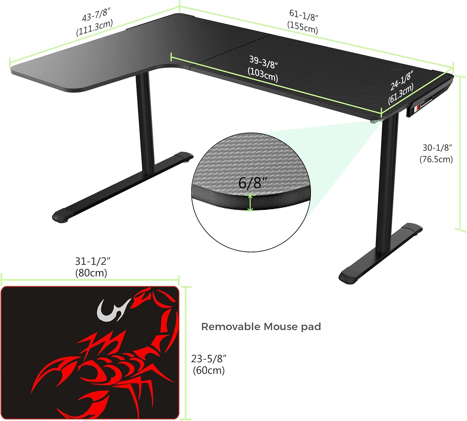 Black L Shaped 60 Inch Gaming Desk with Mouse Pad and Cable Management H299