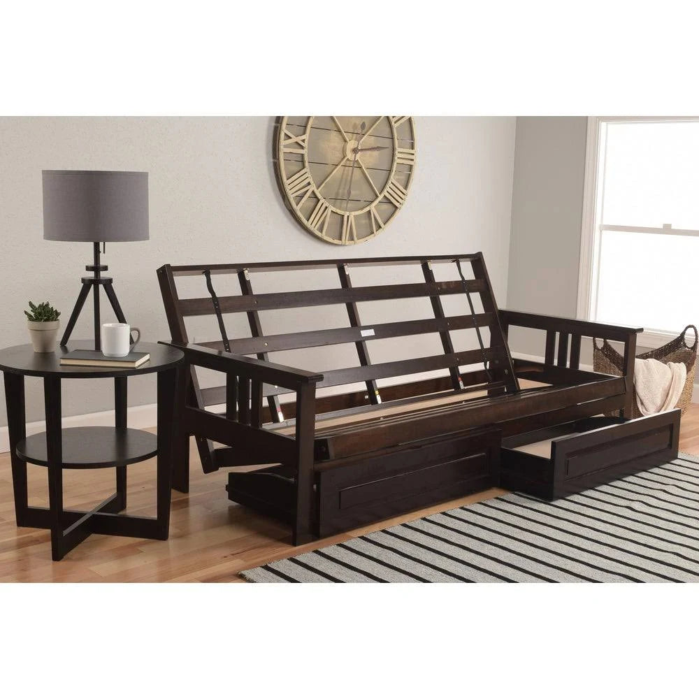 Espresso Full-Size Wood Storage Futon with Mattress W118