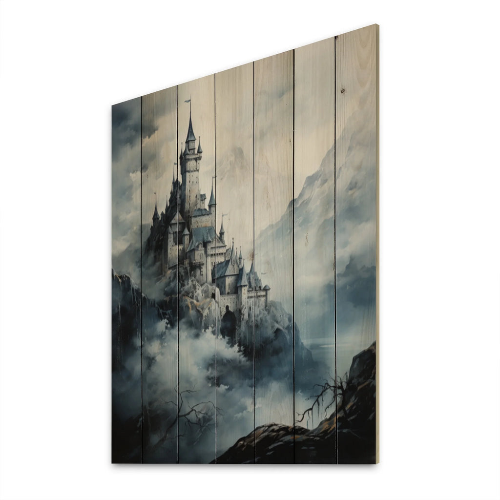 Mountain Fortress Castles Misty Painting II Print on Natural Pine Wood J967