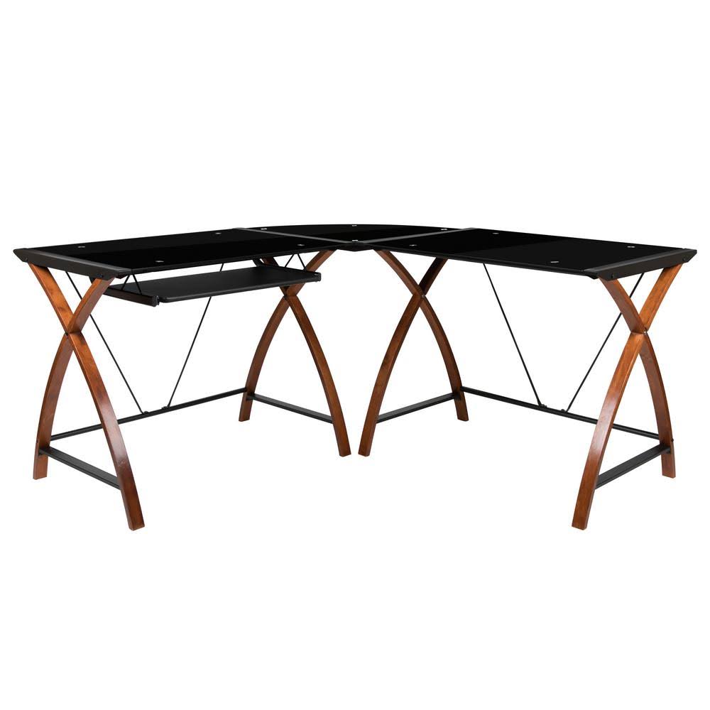 Black/Brown L-Shaped Computer Desk with Keyboard Tray T47791