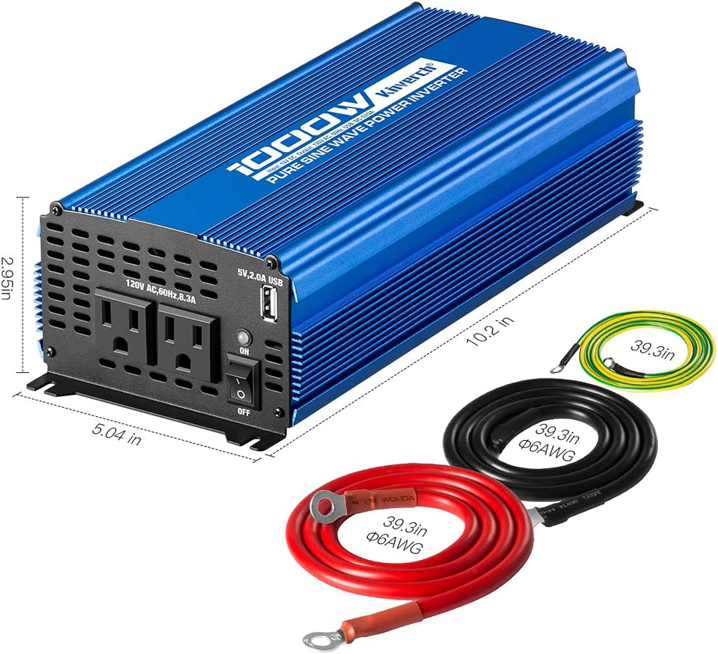Pure Sine Wave Inverter 1000W DC 12V to AC 110V with Dual AC Outlets & 2A USB Ports G103