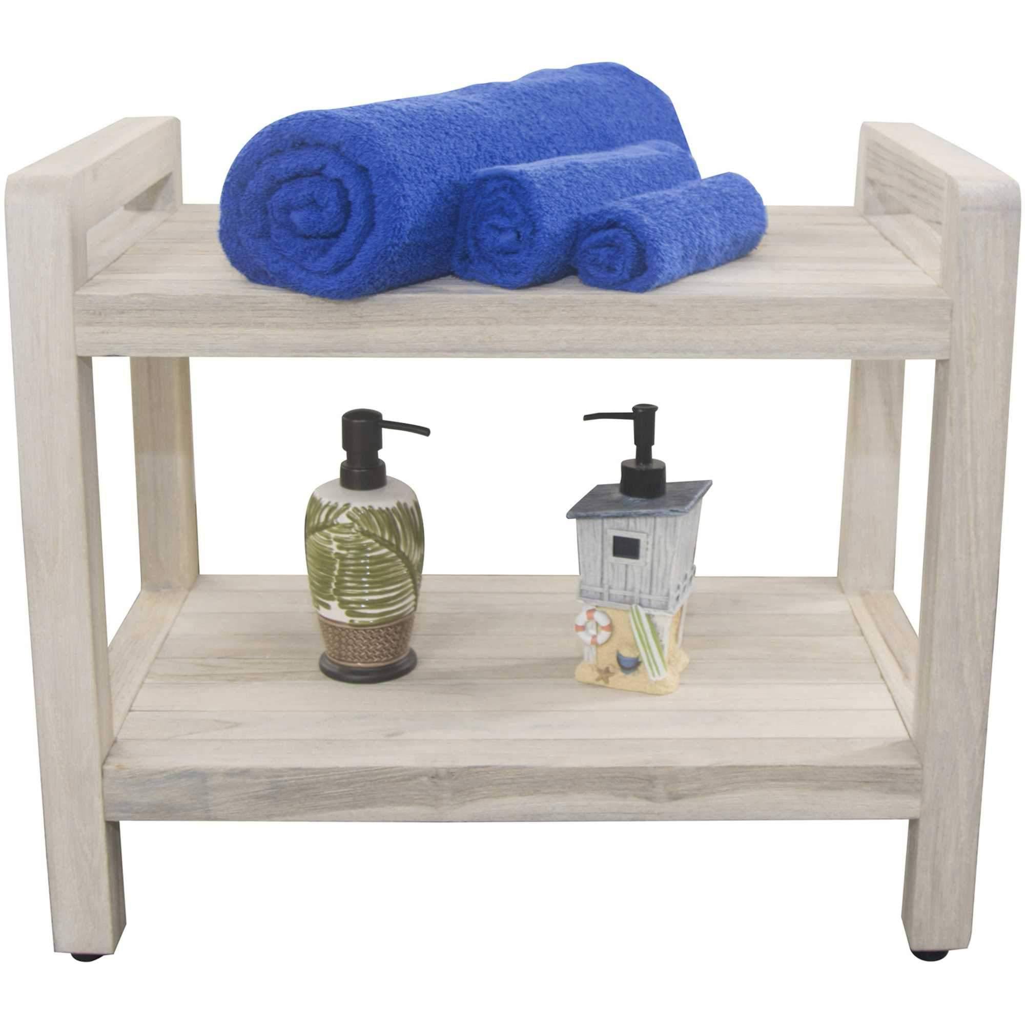 White Finish Teak Shower Bench with Shelf and Handles E86862