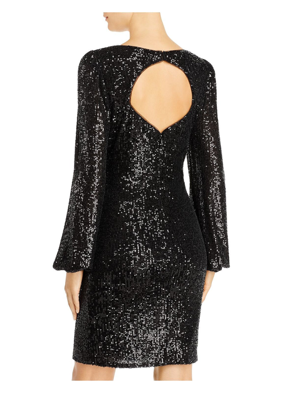 Black Cut Out Sequined Long Sleeve Jewel Neck Short Cocktail Sheath Dress V583830